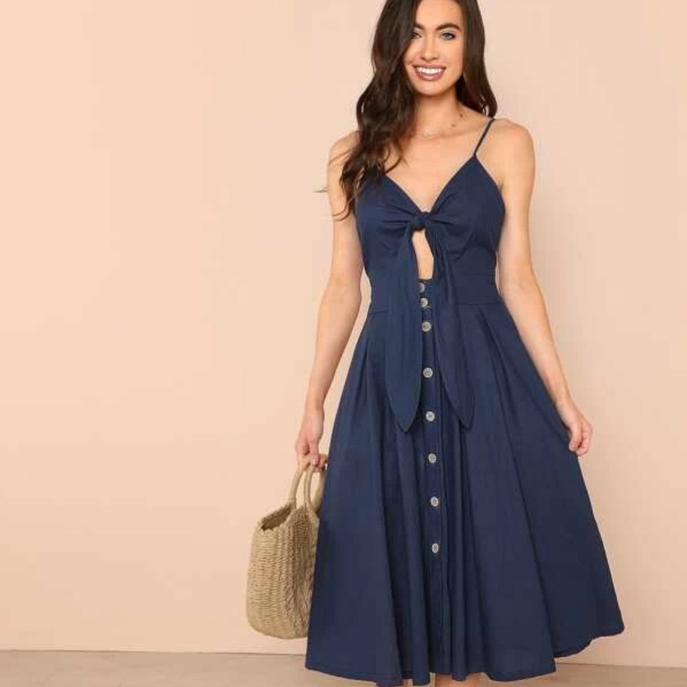 SHEIN Bow Tie Button Through Peekaboo Cami Dress